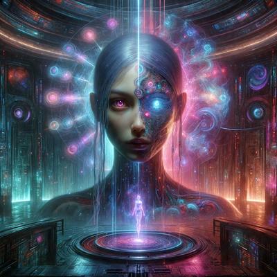 The primary subject of the image is a woman with a futuristic, cyberpunk appearance. She has a mix of human and robotic features, including a mechanical face and a glowing, pink aura. The setting is a futuristic environment, possibly a space station or a high-tech facility. The visual style is a combination of digital art and illustration, creating a striking and unique image. The colors and mood of the image are predominantly pink and purple, giving it a dreamy